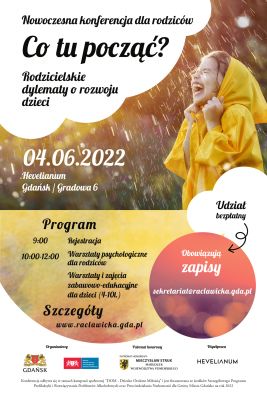 Broszura konferencji dziewczynka w żółtym płaszczu deszcz